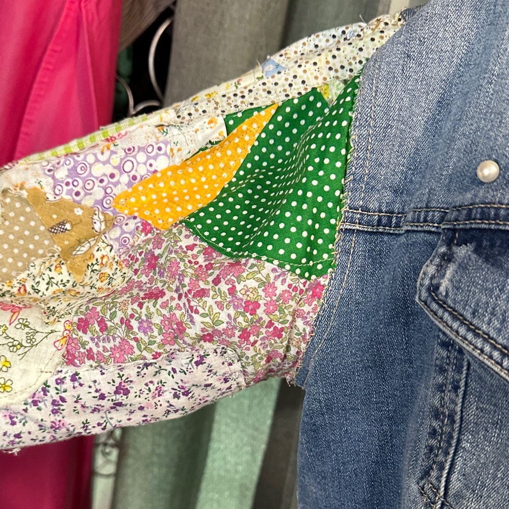 Empyre Blue Denim/hooded Jacket, embellished with patchwork quilted sleeves. - Picture 8 of 9